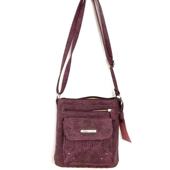 Stone Mountain Purse Cross Body Shoulder Bag Nubuck Perforated Burgundy (Plum) - Picture 1 of 5